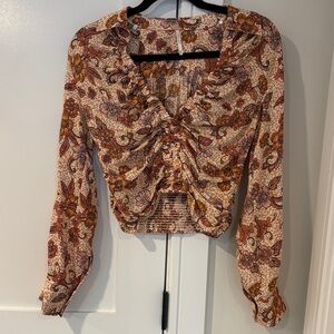 Free People Women’s Floral Ruched long Sleeve Crop Women's Top Size XS